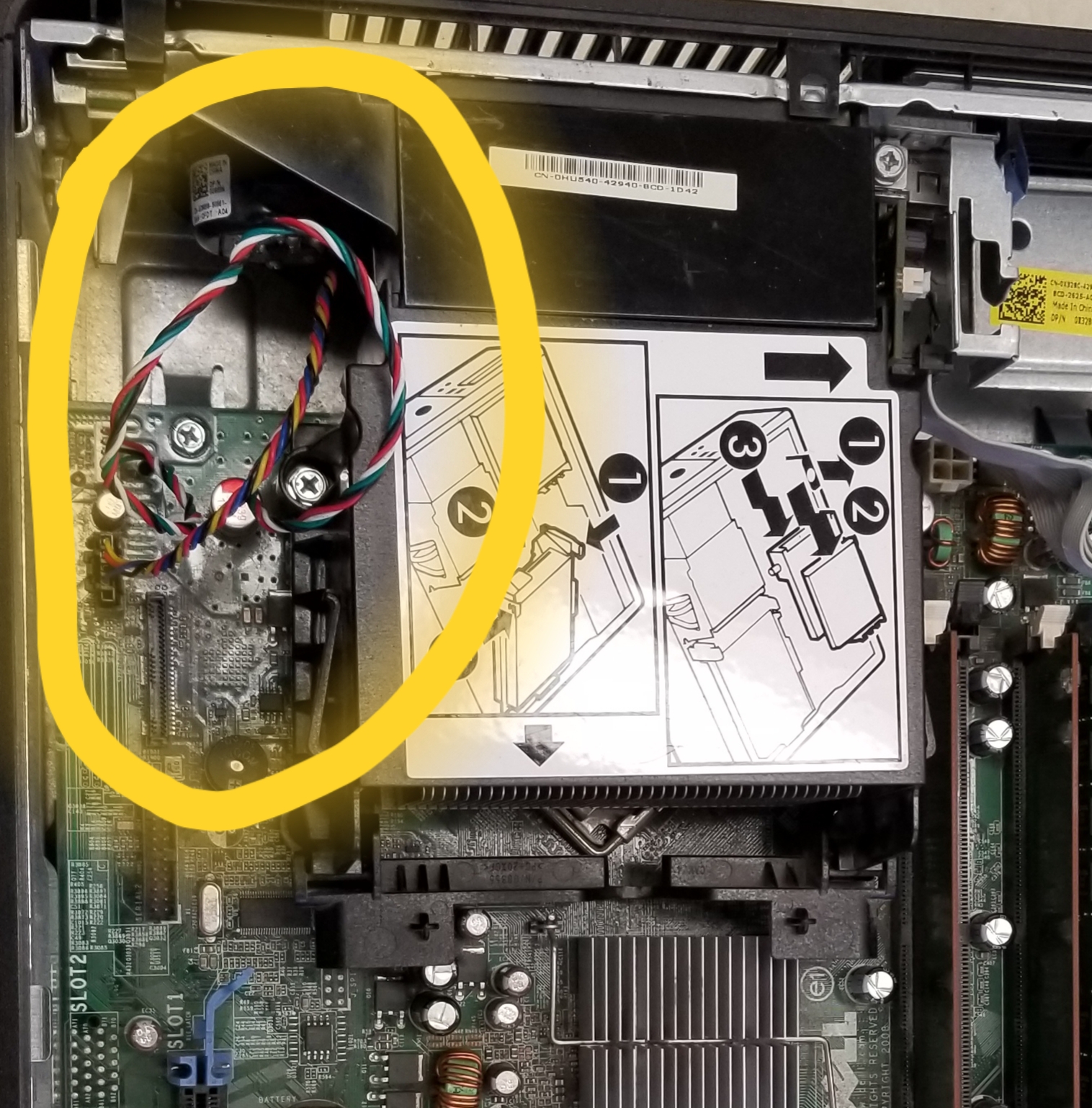Image of a cable which connected the CPU's fan to the motherboard from the Dell Optiplex 760.